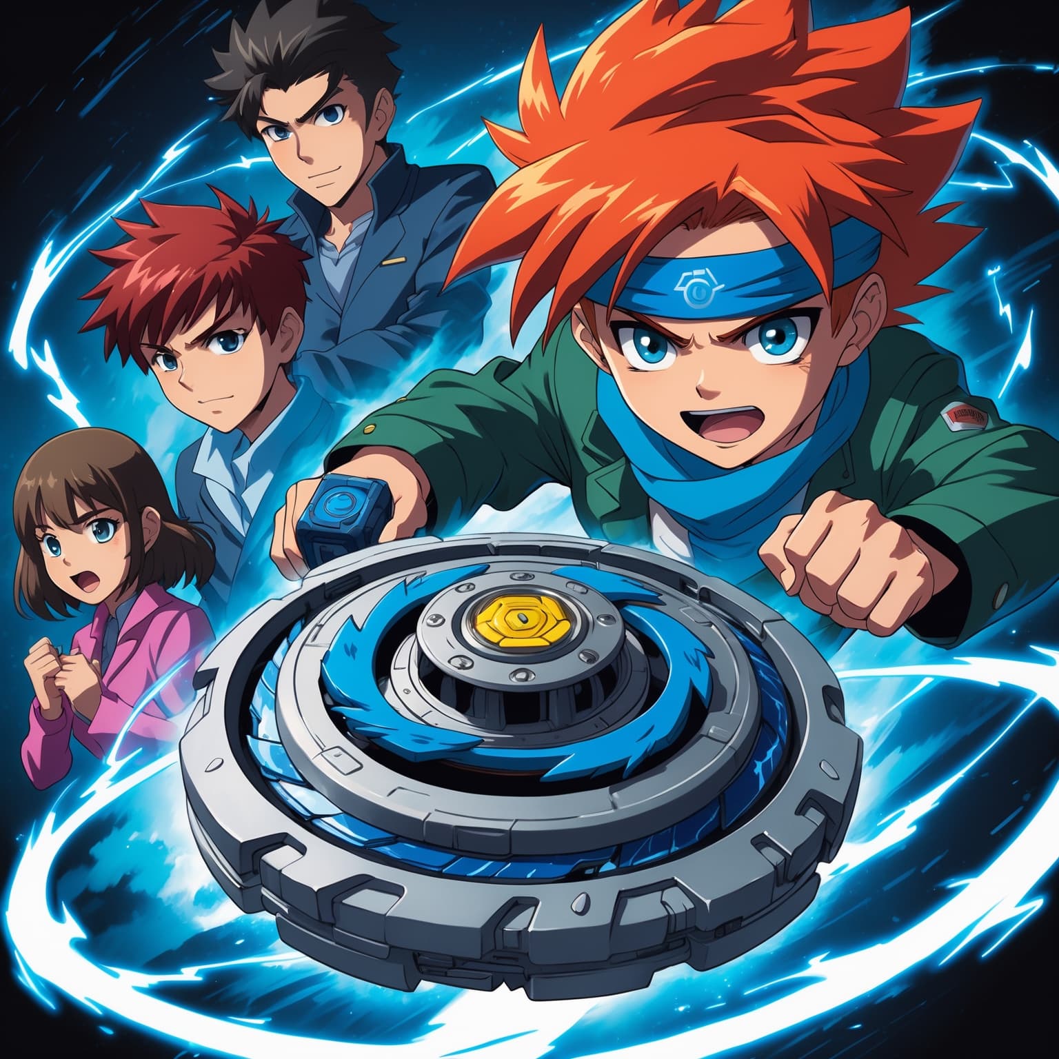Anime blader v plamenech roztáčí Beyblade v aréně