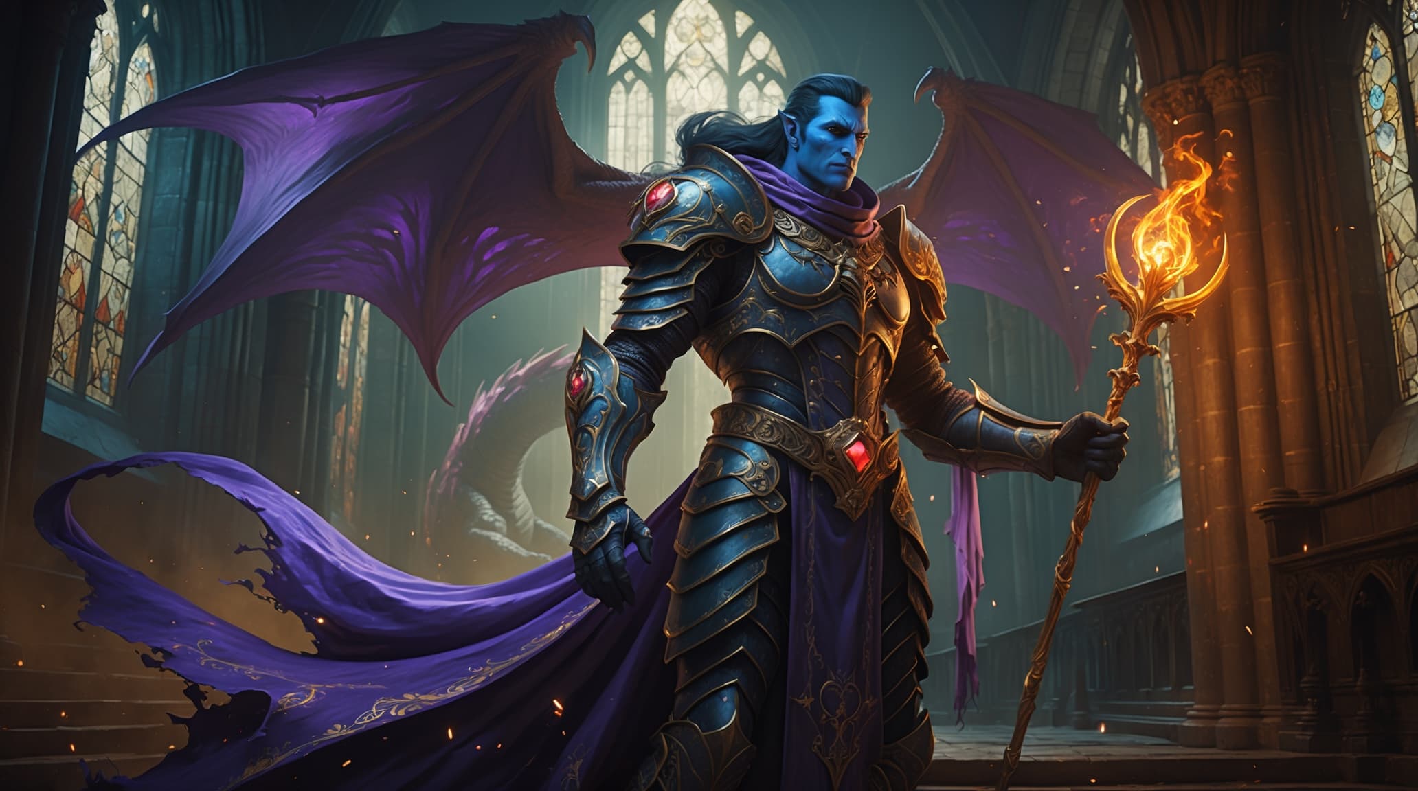 Fantasy planeswalker bojovník v brnění s drakem v gotické katedrále